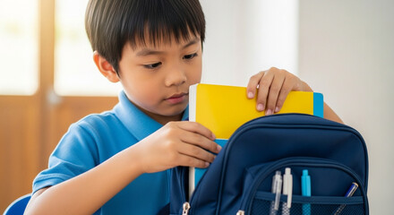 Asian boy packing school bag with books in classroom setting  