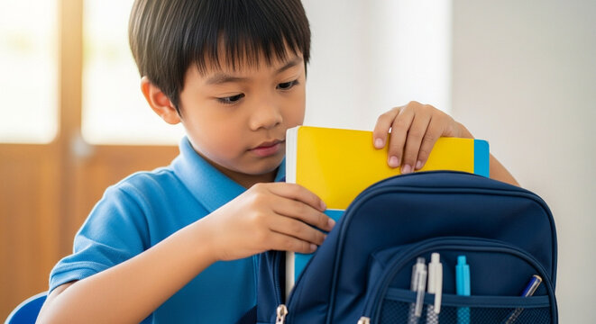 Asian boy packing school bag with books in classroom setting  