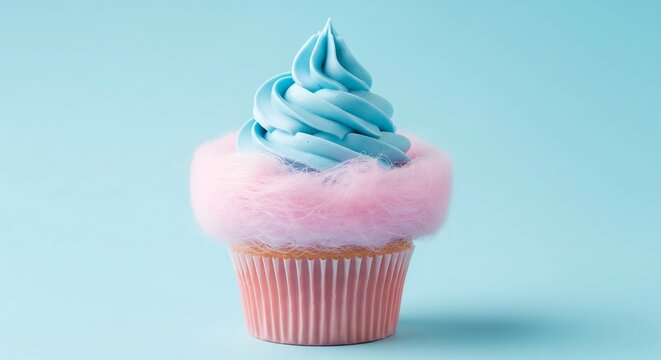 A cotton candy cupcake with sky-blue icing and pink spun sugar, isolated on a pastel blue background. - Powered by Adobe