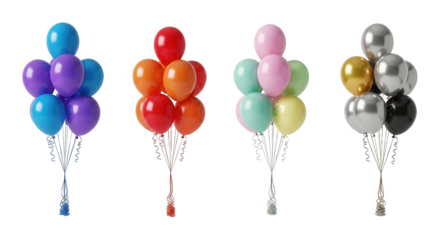 Four colorful balloon bouquets isolated on transparent background