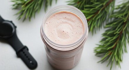 Blended protein shake in clear shaker bottle. Pine needles and fitness tracker watch arranged nearby. Christmas Protein Shake, Fitness Nutrition, Pine Branches, Black Watch