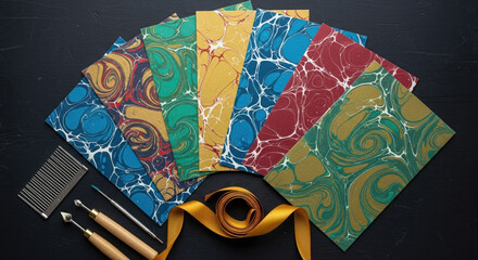 Aura photograph showing colorful energy field on dark surface. Gold ribbon and more aura prints arranged around it. marbling Colorful marbled paper cards, christmas swirl design, festive