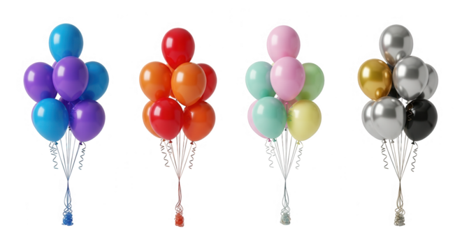 Four colorful balloon bouquets isolated on transparent background - Powered by Adobe
