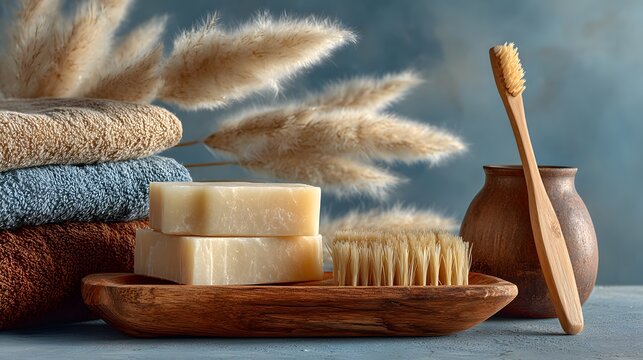 Serene still life of natural, eco-friendly bathroom products against a calm light blue background, including soap and a bamboo toothbrush.