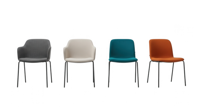 Four modern chairs isolated on transparent background with different colors