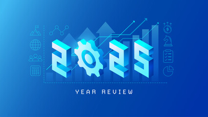 2025 Year Review Corporate Business Background with arrows up, growth chart, 2025 logo, icons for annual report, team, financial success, goals, strategy, results. Vector for business presentations