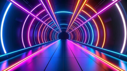 Abstract vibrant neon tunnel corridor, illuminated futuristic pathway background with glowing geometric shapes, and dark end - Powered by Adobe