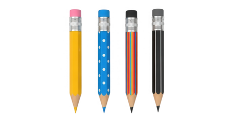 Four colorful pencils isolated on transparent background