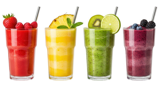 Four colorful fruit smoothies isolated on transparent background