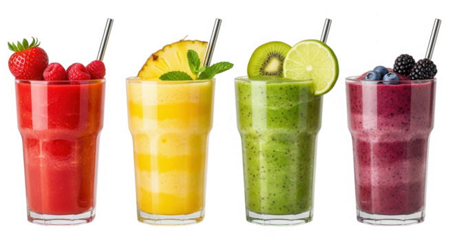 Four colorful fruit smoothies isolated on transparent background