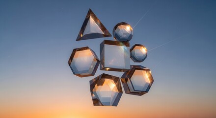 Translucent geometric shapes float against a twilight gradient sky