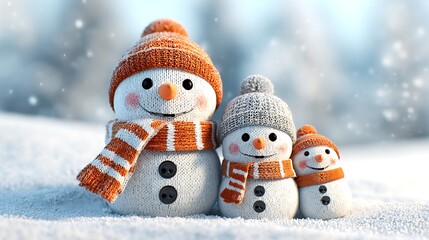Happy Christmas snowmen family in winter 