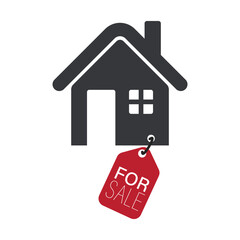Isolated house icon with red price tag labeled “FOR SALE”, symbol of property sale, home available on market.