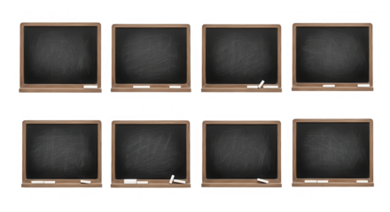 Eight vintage chalkboards isolated on transparent background