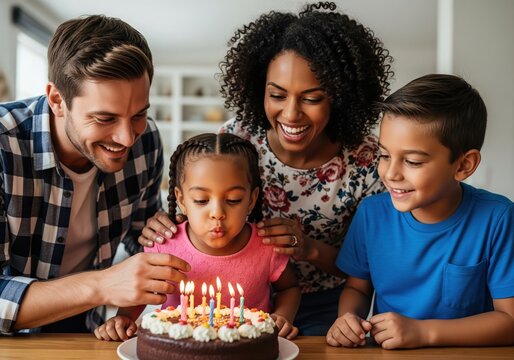 Joyful diverse family celebrating a child's birthday with a cake