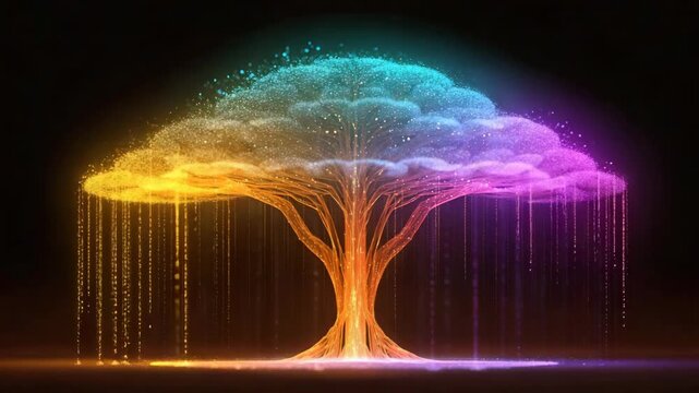 abstract digital tree glowing in neon colors illustrated animation