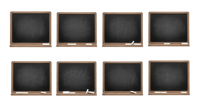 Eight vintage chalkboards isolated on transparent background