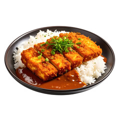 Fototapeta premium Crispy golden tofu cutlets served with fluffy white rice and rich savory curry sauce garnished with chopped green onions isolated on transparent background. PNG die-cut for advertising