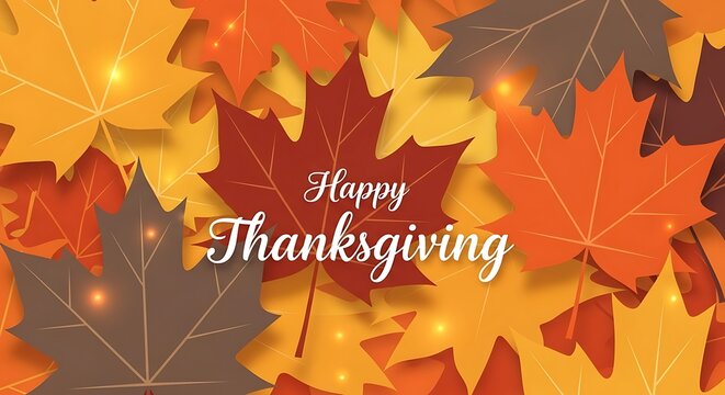 A festive Happy Thanksgiving greeting set against a vibrant background of colorful autumn maple leaves and glowing lights for the holiday season