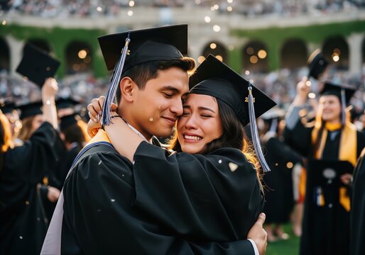 Heartfelt hug between a couple of graduates celebrating their momentous achievement - Powered by Adobe
