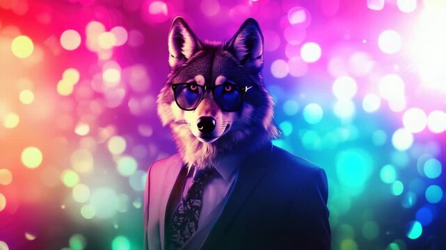 cool party wolf with sunglasses on colorful disco background illustrated animation