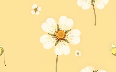 Naklejka premium Cream flower on yellow background in hand drawn style. Seamless floral fabric pattern. Simple flat and minimalist design. Use for wrapping paper, clothing, book cover, textiles. Vector illustration.