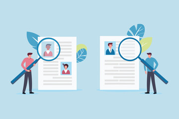 Job recruitment and candidate selection process with magnifying glass and resumes