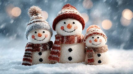Happy Christmas snowmen family in winter 