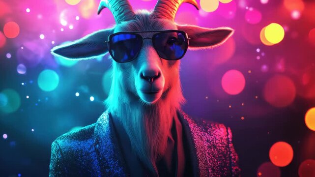 cool party goat with sunglasses on colorful disco background illustrated animation