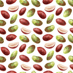 Watercolor illustration of pistachios and peanuts, seamless pattern on a white background. Hand-drawn mixed nuts. Healthy snacks.