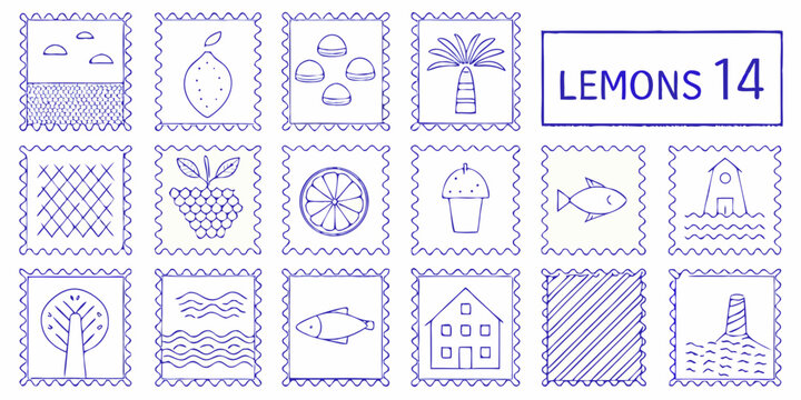 Collection of hand drawn images in a stamp style with a blue outline