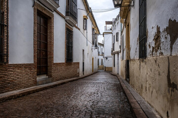 Old typical narrow street in Cordoba with old buildings with white walls decorated with colorful flower pots