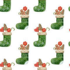 Watercolor Christmas stockings filled with sweets, candy canes, cookies, seamless pattern on a white background. For Xmas design, postcard decor, wallpaper, packaging.