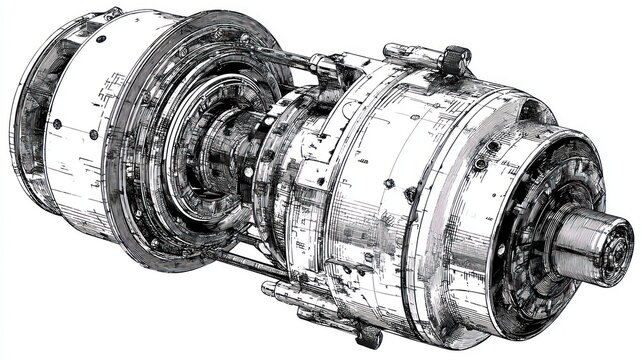 Isometric engineering illustration of a complex mechanical assembly, showcasing intricate internal components