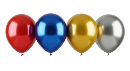 Four shiny metallic balloons in different colors isolated on transparent background
