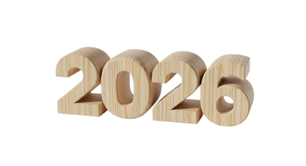 Wooden 3D numbers representing the year 2026 isolated on a white background, symbolizing future and new beginnings