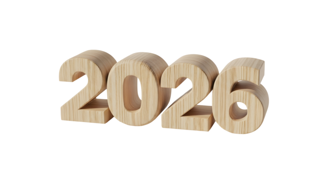 Wooden 3D numbers representing the year 2026 isolated on a white background, symbolizing future and new beginnings