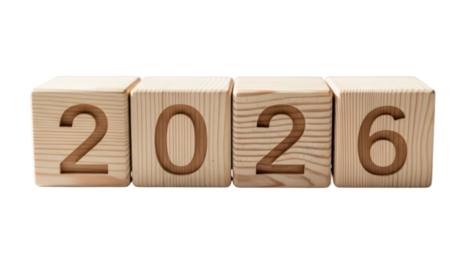 Wooden Blocks Displaying The Year 2026 Against A White Background