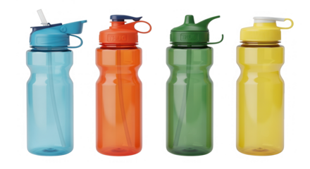 Four colorful water bottles isolated on transparent background