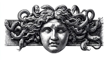 Black and white illustration of Medusa's head with snakes. Stone carved appearance. Greek mythology