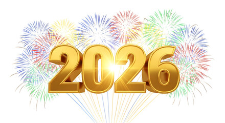 Golden 2026 text with colorful fireworks display celebrating the new year's eve
