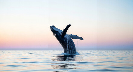 Fototapeta premium Humpback whale with graceful mood breaching the ocean surface against pastel sunset sky background