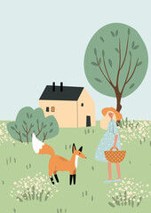 Illustration of rural scene with a woman, fox, house, tree and meadow where the female character carries a basket among plants and greenery in soft landscape clipart setting. Flat vector art.