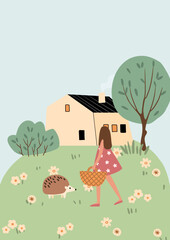 Illustration of girl near hedgehog by countryside house on green meadow with flowers and trees, showing small woodland creature in gentle landscape clipart atmosphere. Flat vector art.