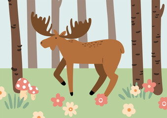 Illustration of a moose walking in forest with trees, flowers and mushrooms, showing woodland deer, elk, antlered animal and wild ungulate in calm nature scene. Flat vector art.