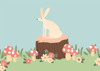 Fototapeta premium Illustration of rabbit sitting on tree stump with flowers and mushrooms, showing woodland hare, small animal and gentle forest fauna in nature scene. Flat vector illustration.