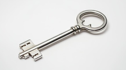 A polished metal key, angled on a plain background
