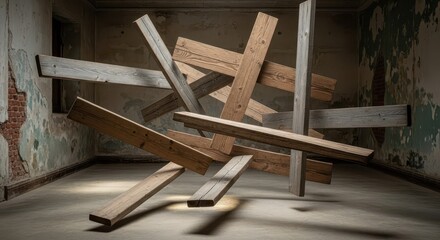 Disorganized wooden planks form a floating, chaotic structure within a derelict interior space