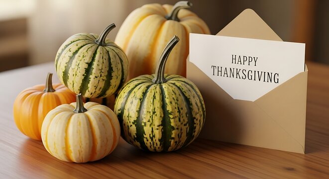 Happy Thanksgiving message nestled amongst decorative gourds and pumpkins on a wooden table, conveying warmth and gratitude during the autumn season