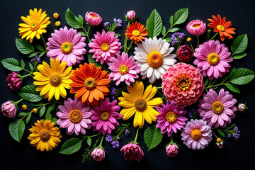 Flatlay of Assorted Flowers on Dark Background